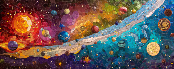 Colorful mosaic with a galaxy theme, using vibrant colors to depict stars, planets, and cosmic elements in a dynamic design.