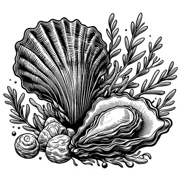 black and white seashell and oyster drawing clip art preview