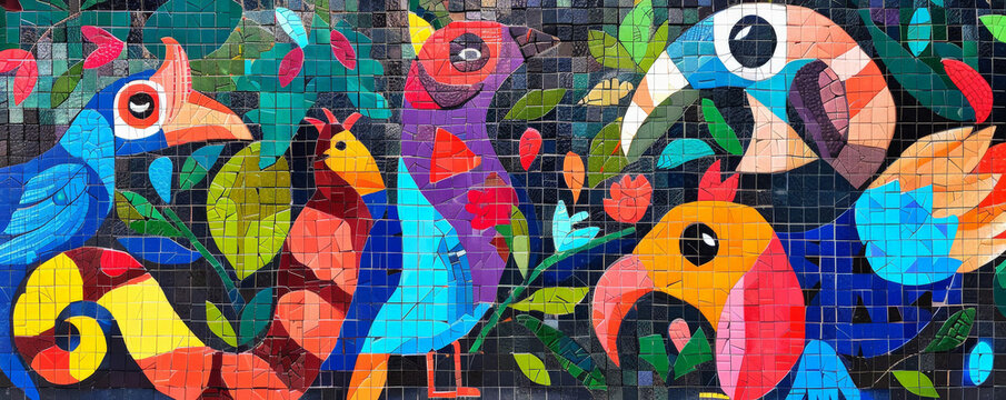 Colorful mosaic featuring animal shapes and vibrant colors, creating a lively and playful design.