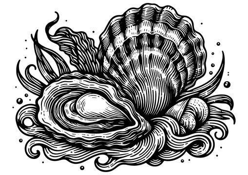 recommend clip art: seashells surrounded by seaweed, showcasing oceanic and marine life elements sketch engraving generative ai fictional character PNG illustration. Scratch board imitation. Black and white image.