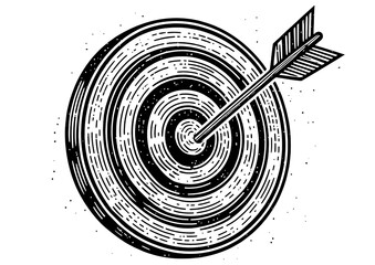 arrow hitting the bullseye on a target, symbolizing precision and accuracy sketch engraving generative ai PNG illustration. Scratch board imitation. Black and white image.