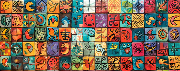 Colorful mosaic showcasing a blend of cultural symbols in various colors, creating a rich and meaningful pattern.