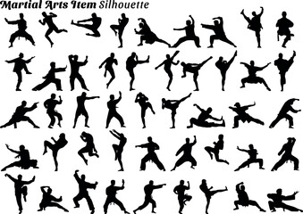 Set of 46 items of martial arts silhouette vector illustrations