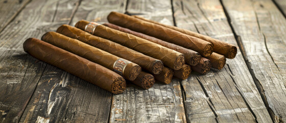 A collection of neatly arranged cigars on a rustic wooden table, emanating a sense of luxury and relaxation.