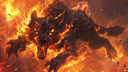 Hellhound wolf super high res, with flaming eyes, and flaming paws, and open mouth roaring 