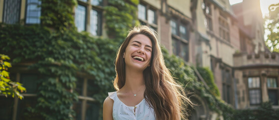 A young woman joyfully laughing near an ivy-draped building, illuminated by bright sunlight and bathed in an aura of happiness.