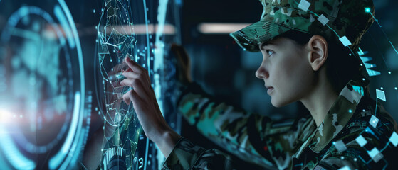 A soldier in a digital interface command center, intensely interacting with holographic display, epitomizing military technology.