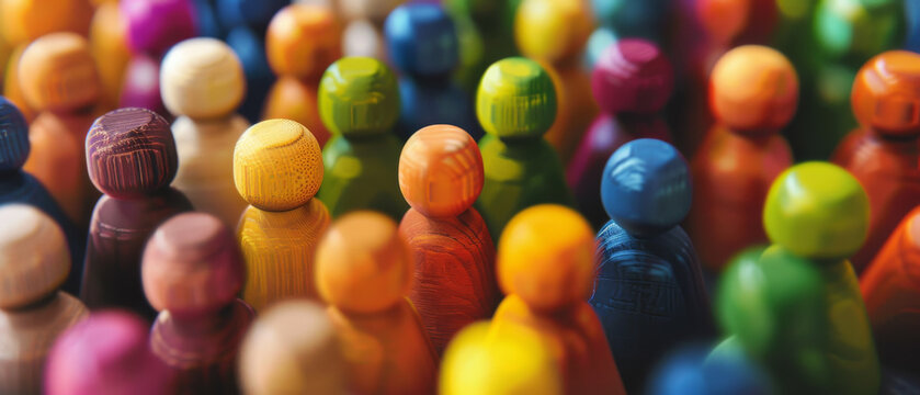 A close-up of a colorful collection of wooden, round-headed figures, assembled in a crowd, symbolizing diversity, unity, and community.