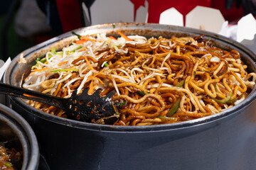 Udon Street Food, Chinese Fried Noodles in Wok, Asian Pasta Food in a Large Pot, Korean Spaghetti