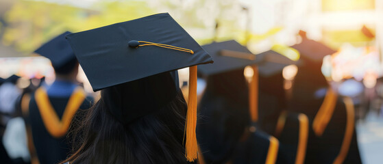 Graduates in caps and gowns sit outdoors, celebrating under the warm glow of a golden sunset.