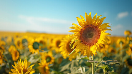 Field of Sunflowers with Bright Yellow Petals under a Clear Blue Sky