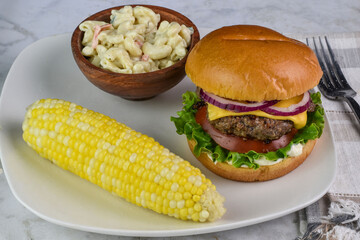 hamburger with macaroni salad