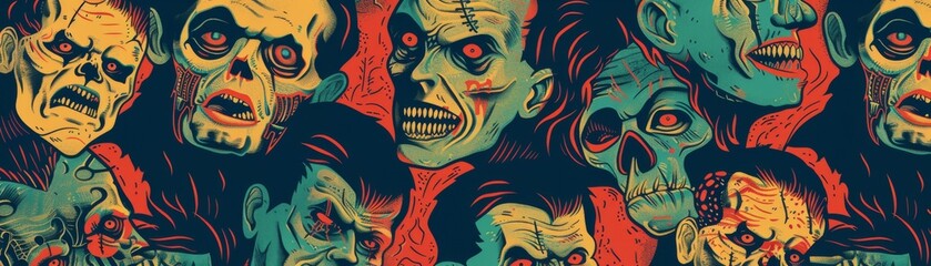 Creepy Retro Horror Movie Monster Repeating Pattern - Vintage Digital Illustration of Classic Creatures