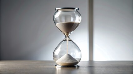 Elegant modern hourglass adorned with precise facets filled with light gray sand sits solitary on a pristine white table against soft background.