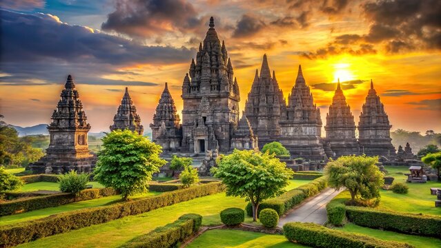 Majestic ancient Hindu Prambanan temple complex in Yogyakarta, Indonesia, with intricate stone carvings and lush green surroundings at sunset.