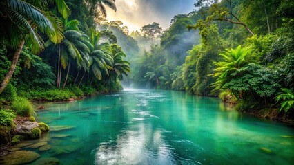 Serene turquoise river winds its way through lush emerald foliage of a vibrant tropical rainforest with misty background ambiance.