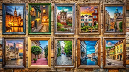 Vibrant urban landscape photograph collage showcased in ten distinctive ornate frames against worn, ancient city street backdrop, bursting with color.