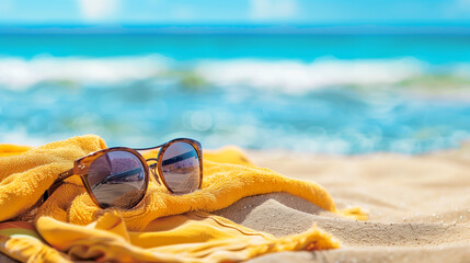 Embrace the ultimate summer vibe with this stylish pair of sunglasses resting on a sun-kissed beach. The sunglasses, with their sleek design and tinted lenses, reflect the shimmering sea and endless.