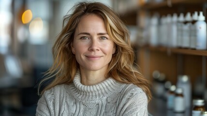 Portrait of a mature woman in a clinic after chemotherapy, hopeful smile, soft lighting, supportive environment
