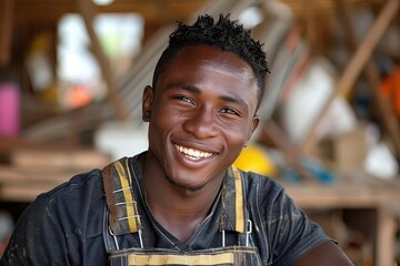 Cheerful engineer at a bustling construction site, wearing safety gear and smiling, surrounded by cranes and building materials ,The images are of high quality and clarity