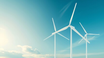 Wind turbines against a clear blue sky generating renewable energy. Clean and sustainable power source in nature. Eco-friendly technology.