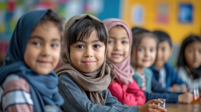 Group of children conducting a chemistry experiment, colorful classroom setting, enthusiastic expressions, scientific curiosity
