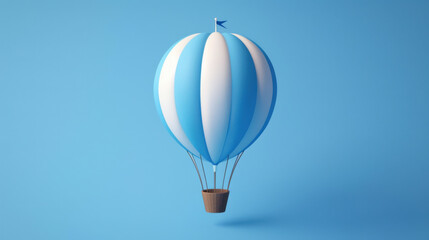 A blue-white hot air balloon against a blue background