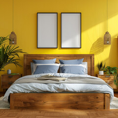  industrial wooden bed with blue pillows and bedside cabinets against yellow wall with posters frames 