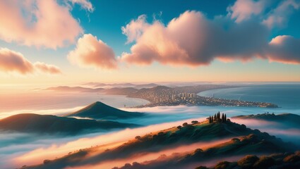 A beautiful morning view can be seen from the hills with the city on the coast in the background. Seamless 4K looping virtual video animation backgrounda