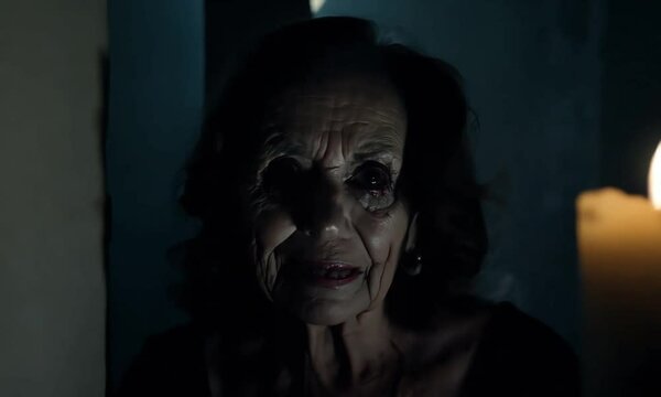 Old woman, a witch,  with a creepy smile lit by candlelight in a dark setting. Halloween concept
