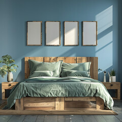  industrial wooden bed with green pillows and bedside cabinets against blue wall with posters frames 