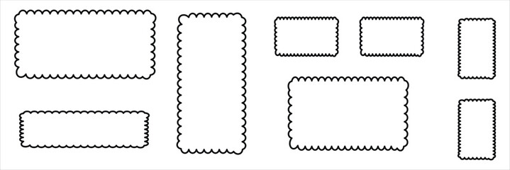 Scallop frame. The outline of the lace edges of the borders of the elements. Design vector collection of isolated geometric shapes of circles, ovals and rectangles on a white background.