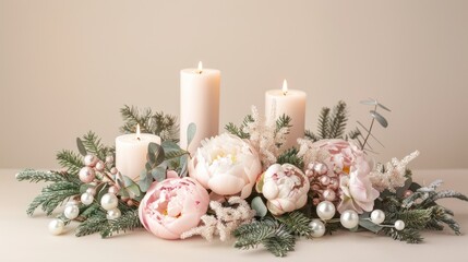 Romantic Christmas greeting background. Burning candles with decoration made of natural fir and pine cones and flowers on a pink background.