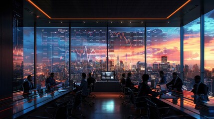 A meeting room with a large screen displaying stock performance charts, a diverse team of executives discussing strategies, and a glass wall overlooking the city.