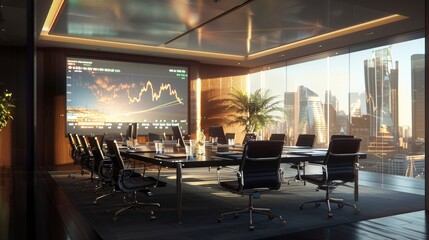 A meeting room with a large screen displaying stock performance charts, a diverse team of executives discussing strategies, and a glass wall overlooking the city.