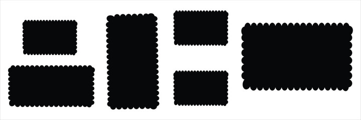 Scallop frame. The outline of the lace edges of the borders of the elements. Design vector collection of isolated geometric shapes of circles, ovals and rectangles on a white background.