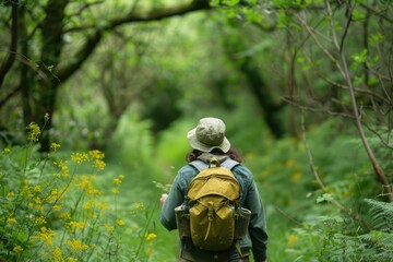 Fototapeta premium Person Foraging for Wild Herbs in Woodland 