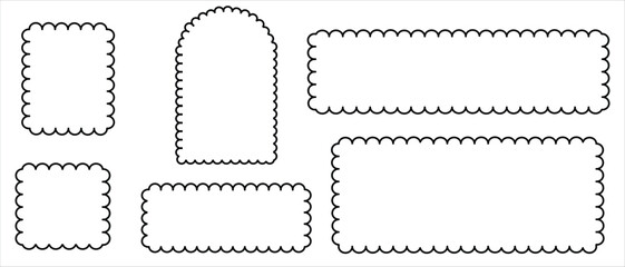 Scallop frame. The outline of the lace edges of the borders of the elements. Design vector collection of isolated geometric shapes of circles, ovals and rectangles on a white background.