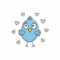Doodle bird surrounded by doodle hearts, white background