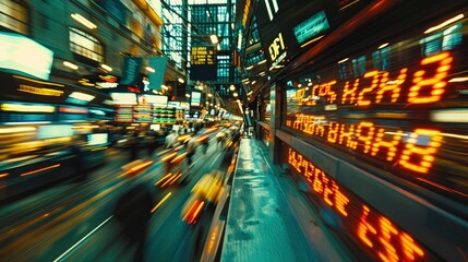 A dynamic shot of a busy trading floor with digital stock tickers, traders on phones, and a sense of urgency in the air.