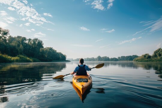 Man Kayaking on a Calm River 