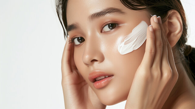 pretty beautiful indonesian or asian model woman face applies light white cream on her face, beauty skincaere studio promo, white background