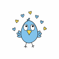 Doodle bird surrounded by doodle hearts, white background