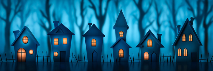 Halloween abstract background with haunted house patterns in dark blue and black creepy and eerie 