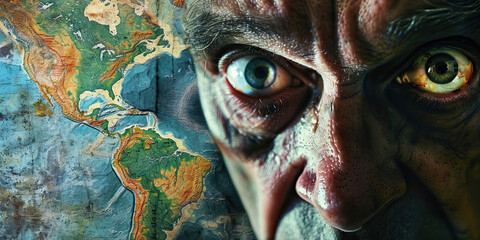 The Steady Gaze: An authoritative figure, eyes narrowed and jaw clenched, standing before a large map of the world.