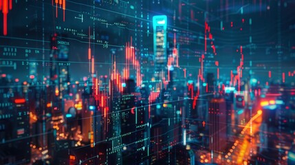 A conceptual image of a digital stock market interface superimposed over a cityscape at night, illustrating the integration of technology and finance.