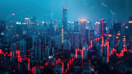 A conceptual image of a digital stock market interface superimposed over a cityscape at night, illustrating the integration of technology and finance.