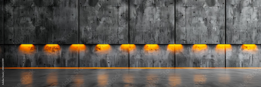 Poster Isolated cement wall texture with neon yellow light accents dark background industrial vibe 