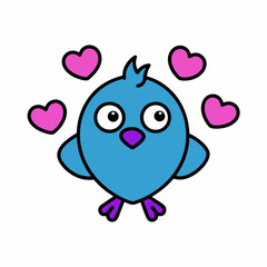 Doodle bird surrounded by doodle hearts, white background