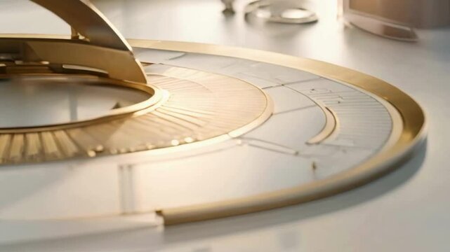 Brass protractor with a beveled edge, casting a reflection on a white drafting table